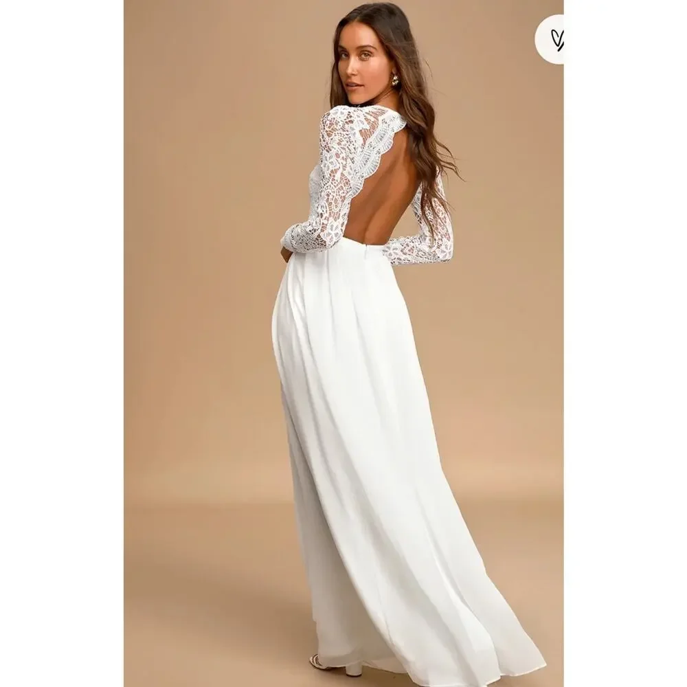 Lulus Awaken‎ My Love Maxi Dress Women’s XS White Lace Long Sleeve Bridal Formal